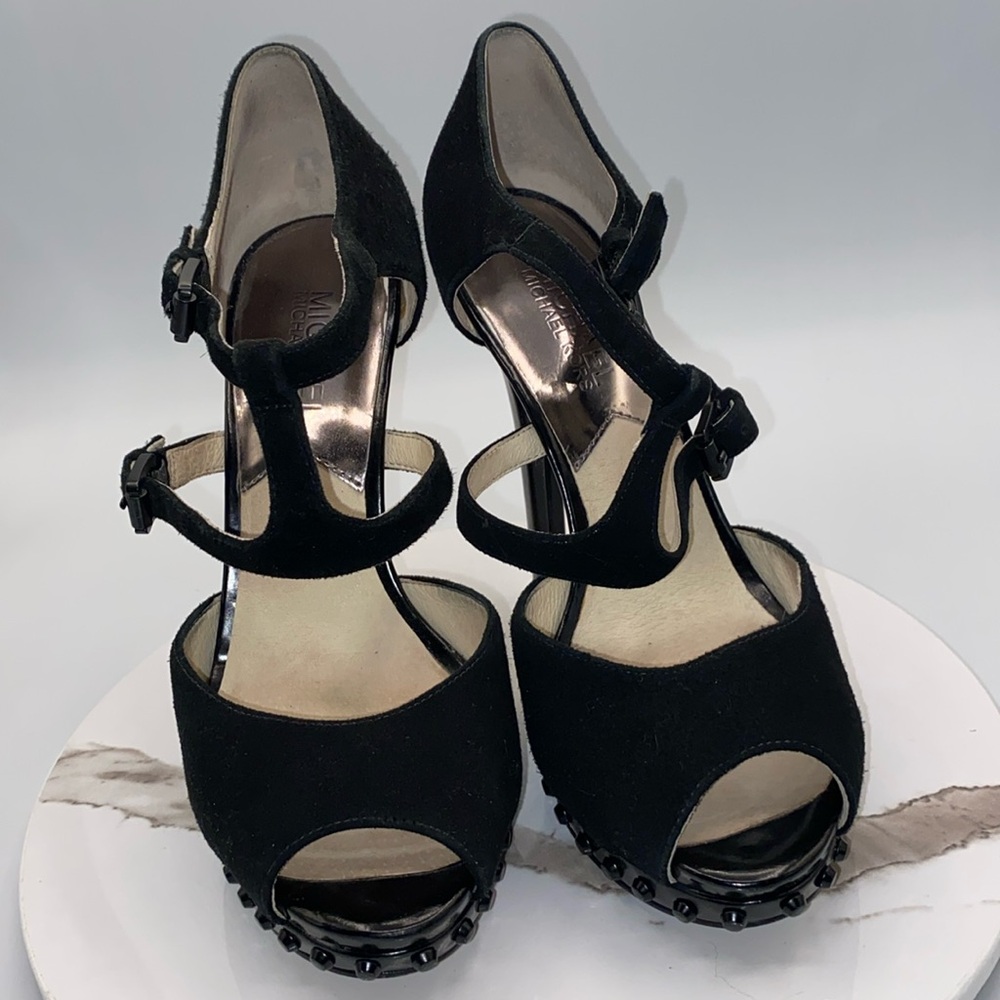 Michael Kors Peep Toe Suede Studded Heels Ankle Strap Stilettos Black Sz 6